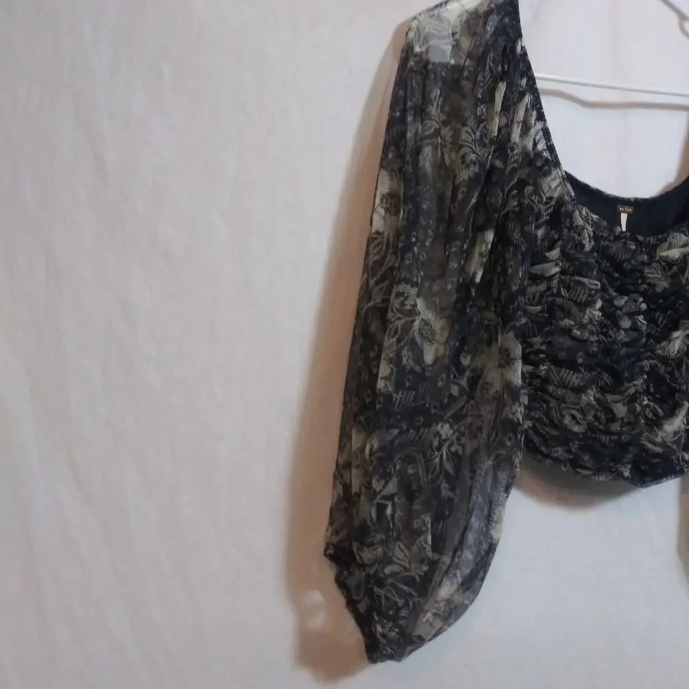 Free People Lilia Top Peasant Smocked Crop Sheer Sleeves Size XS